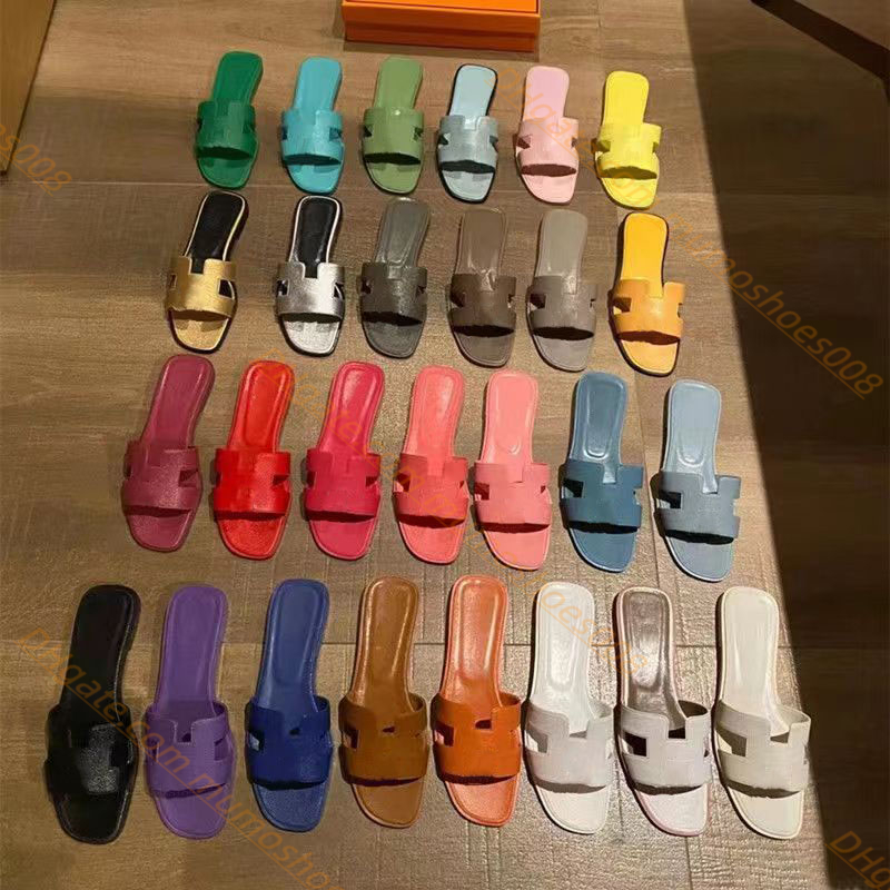 

Designer Women H Letter Sandals luxury Genuine Leather Flat Oran Slippers 2023 Summer Fashion Beach Solid lady slides Black White Brown Matte Women's Slippers, Color-13