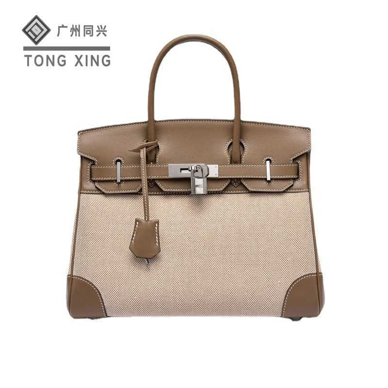 

Tote Birkin Genuine Leather hand sewn wax thread top layer cowhide patchwork canvas handbag direct seeding high quality bag with logo, 30cm-elephant grey