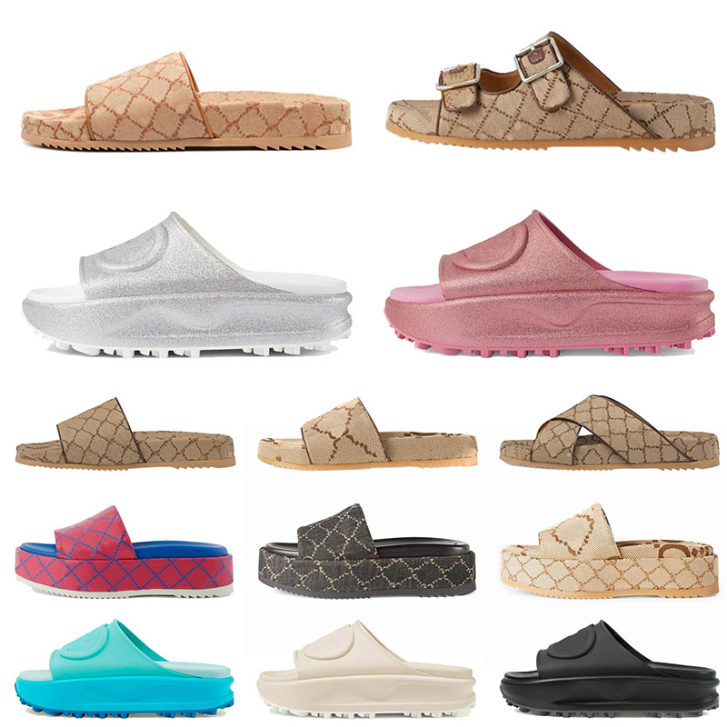 

With Box Designer Slides Sandals Famous Women Embroidered Letter Canvas Chunky Sandal Flat Platform Men Slippers Slide Luxury Rubber Loafer 36-45