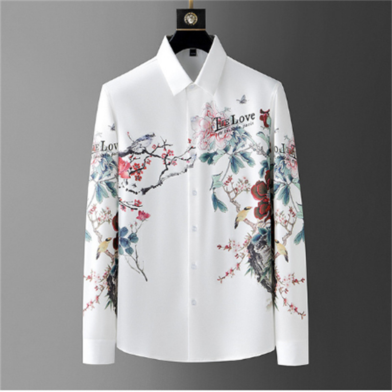 

European and American personalized flower print shirt Men's 2023 spring fashion casual wrinkle resistant long-sleeved shirt Men S-5XL