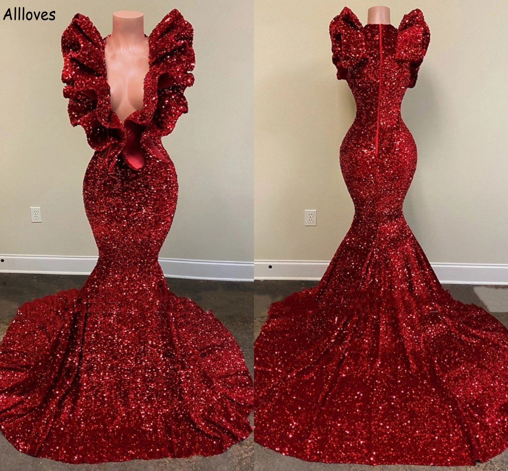 

Plunging V Neck Sequined Glittering Red Prom Dresses Ruffles Zipper Back Women Plus Size Long Mermaid Evening Carpet Gowns Slim Fitted Special Occasion Dress CL2318