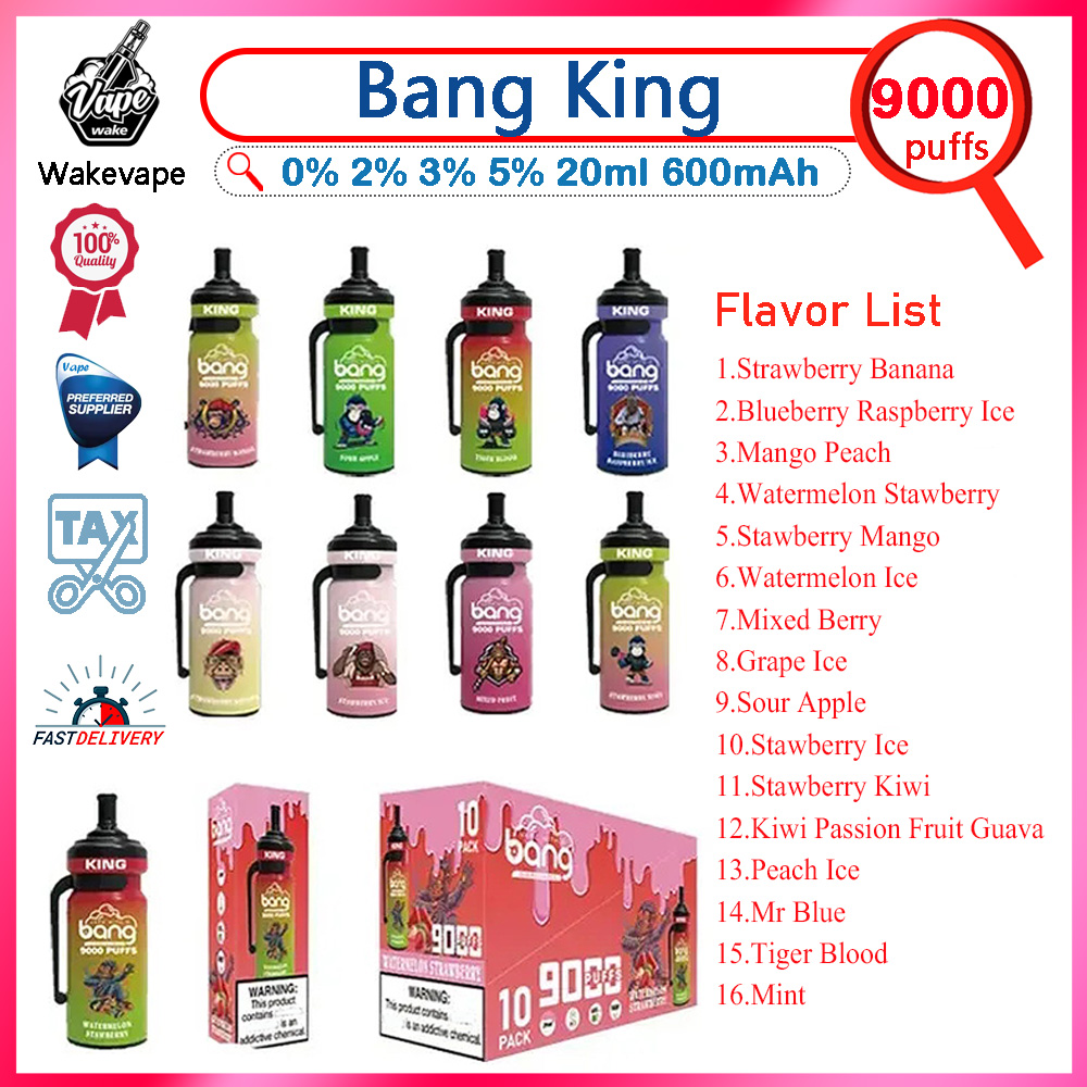 

Original Bang King 9000 Puffs Disposable E Cigarettes 20ml Pre-filled E-juice 0% 2% 3% 5% Strength 600mah Rechargeable Battery No leaking Vape Pen Big Vapor VS RandM 9000