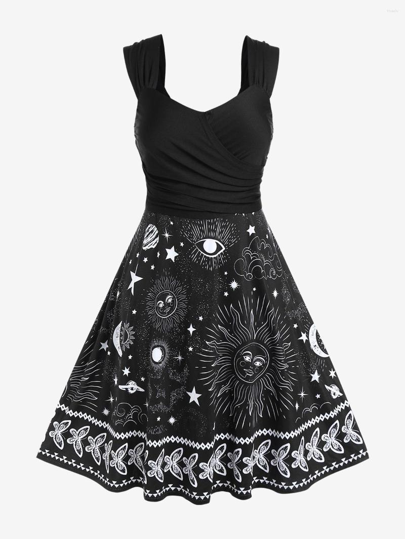 

Casual Dresses ROSEGAL Plus Size Sun Moon Star Print Crossover Dress Women Summer Vintage High Waist A Line Flare Vestidos 4XL, Black