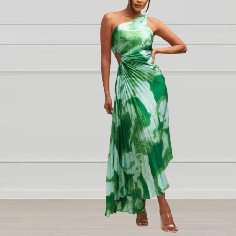 

Casual Dresses Fashion Tie Dye Print Dress For Women Sleeveless One Shoulder Pleated Long Summer Holiday Sexy Party Prom Evening Vestidos, Black