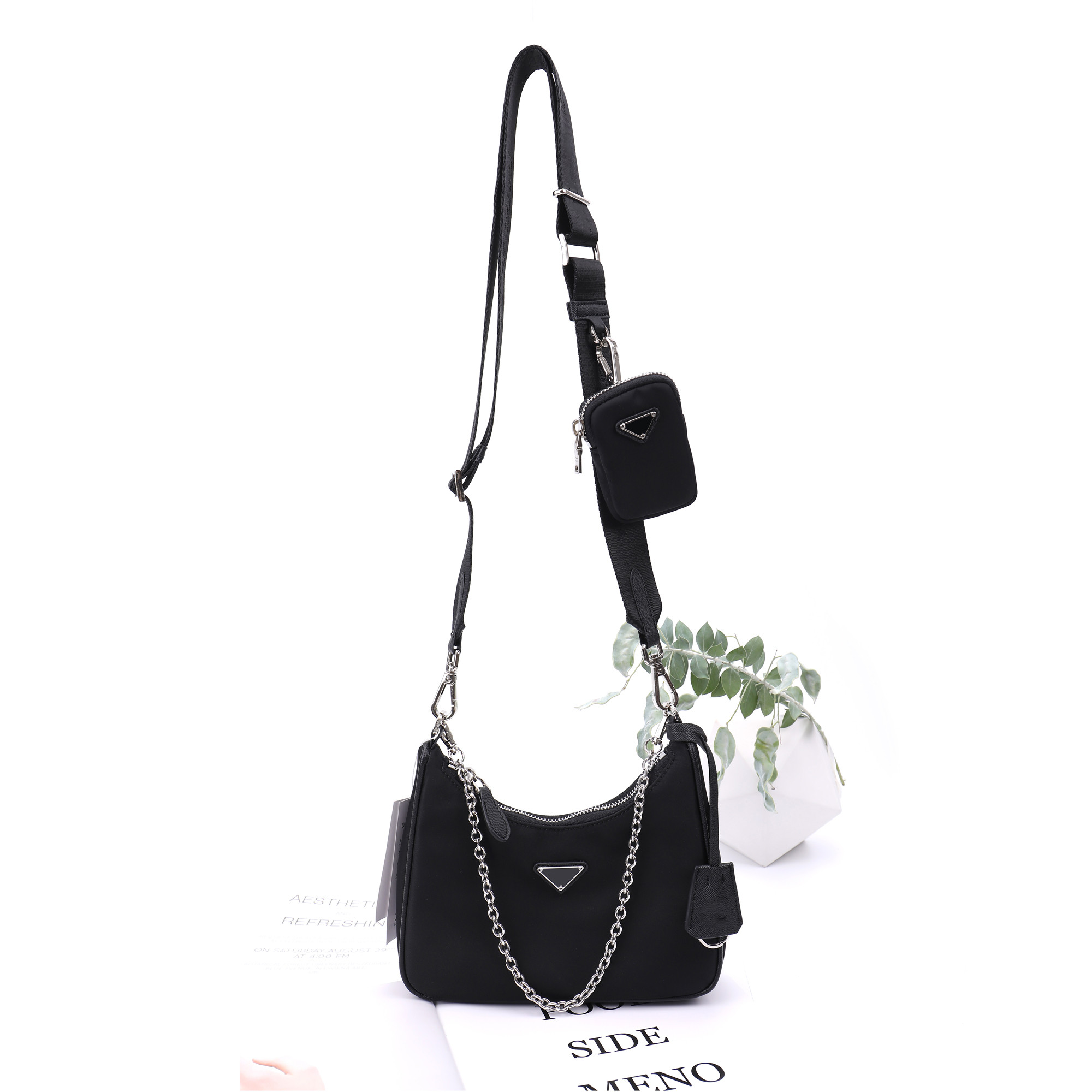 

2023 Nylon 3 Piece High Shoulder Bag Cleo Hobo Mens and Womens Luxury Chain Hobo Wallet Crossbody Bag Womens Handbag 2000 Handbag Fashion2, Black