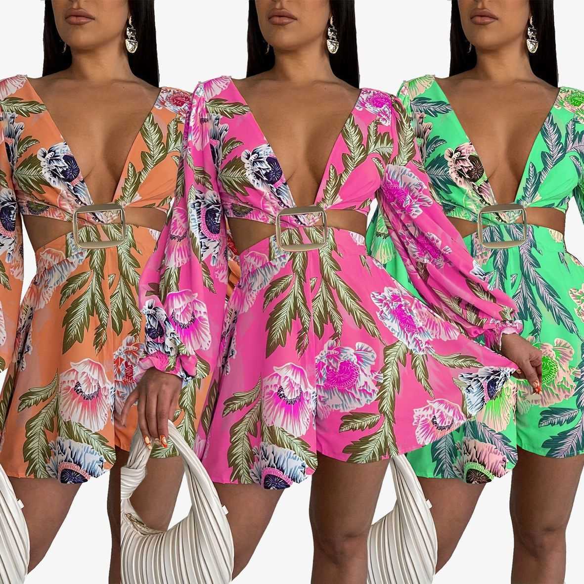 

Casual Dresses Spring And Summer Style Long Sleeve Deep V-neck Tight Waist Jumpsuit Loose T230530