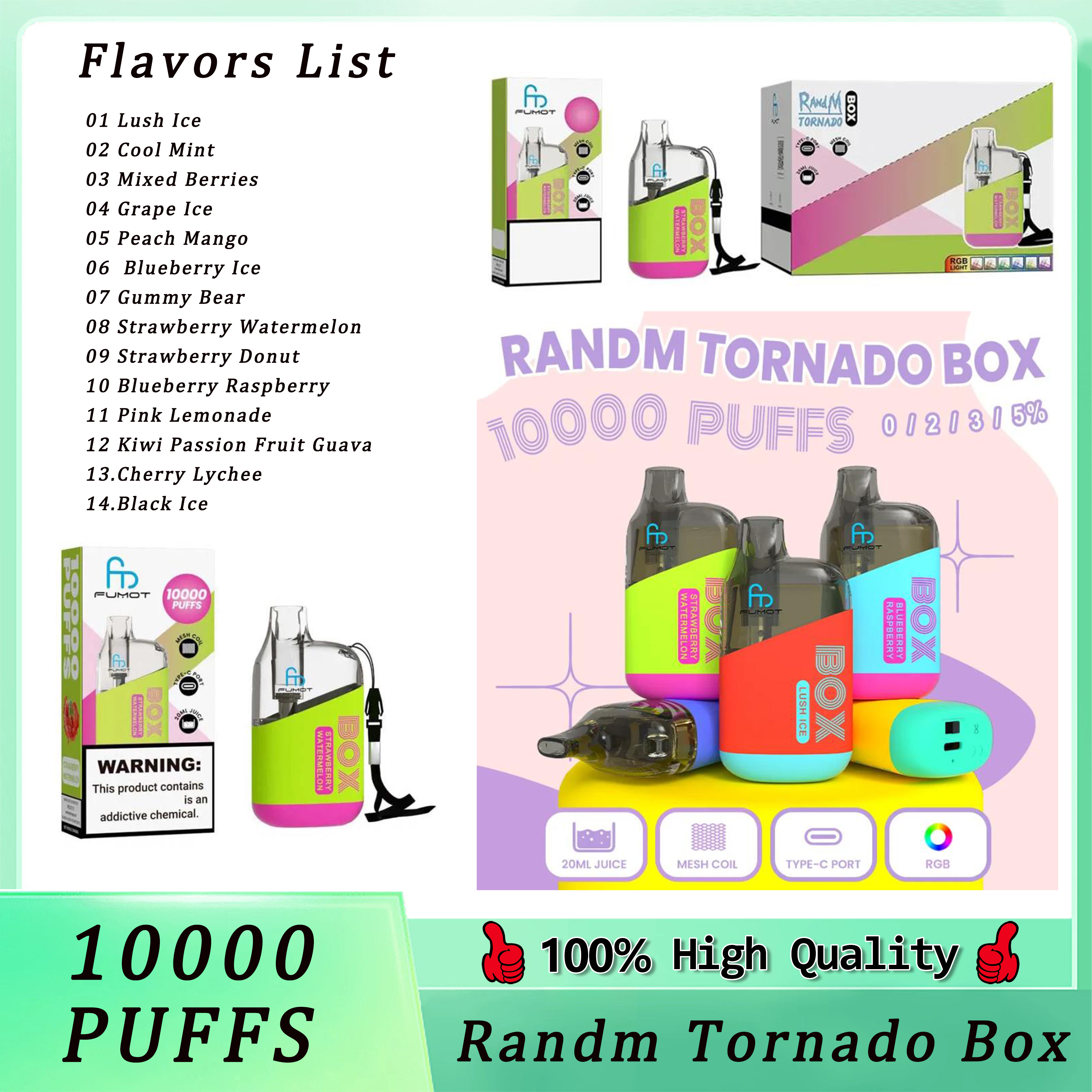 

Original RandM Tornado Box 10000 Puffs Disposable E-cigarettes Features 20ml Vape 0/2/3/5% Rechargeable 850mAh Integrated Battery Associated 14 Flavors Available