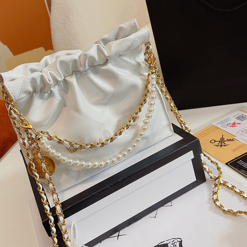 

Pearl Chain Handbag Beach Tote Calfskin Gold Silver Metal Shoulder Bag Purses for Women High Capacity Shopping Chain Wallet Ladies Bag, 25cm black+pearl+gold