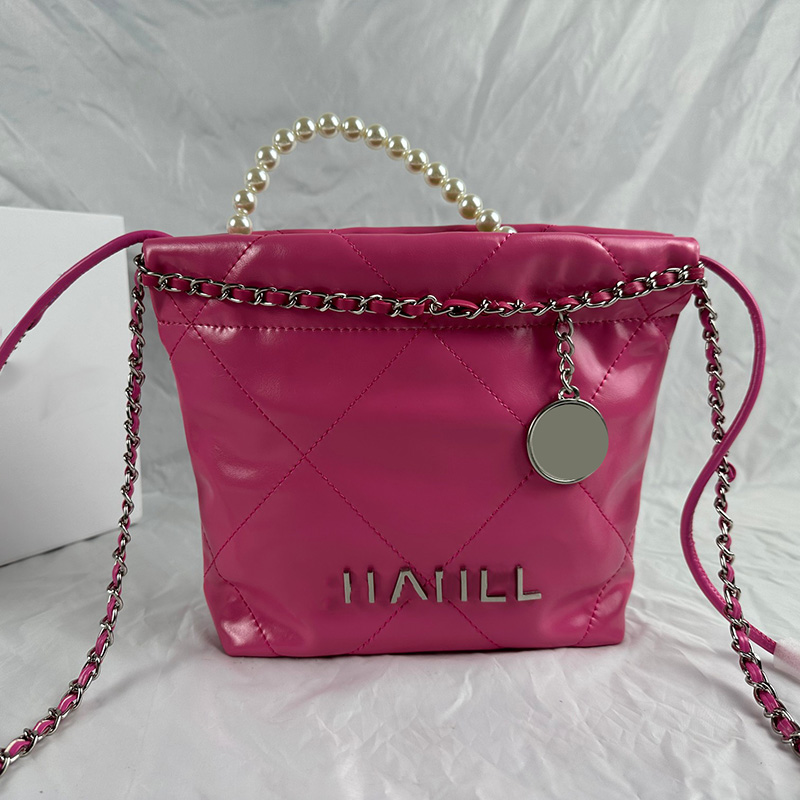 French Womens Classic Mini 22 Shopping Fuchsia Bags Calfskin Genuine Leather Round Strap Pearl Chain Handle Silver Metal Hardware Matelasse Quilt