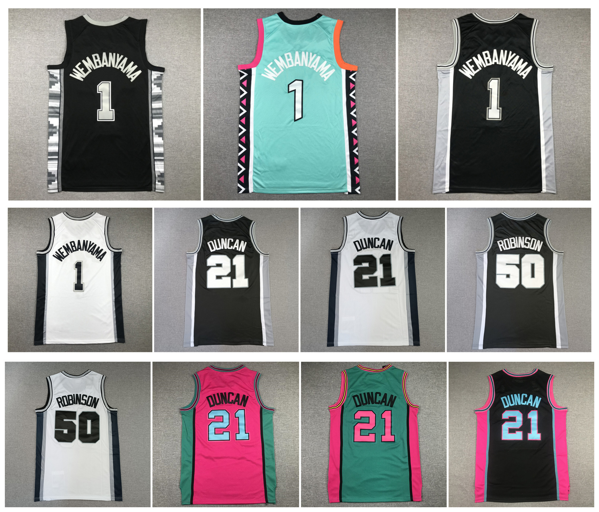 

Victor Wembanyama Spur Basketball Jersey San Tim Duncan Antonio David Robinson Mitchell & Ness Black White Size S-XXL, As pic