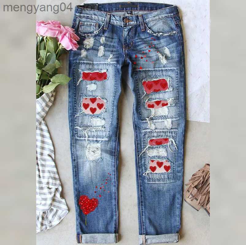 Jeans pour femmes Saint Valentin Diamant Coeur Déchiré Jeans Vente Chaude Femmes Déchiré Imprimer Jeans Mode Stretch Maigre Denim Crayon Pantalon