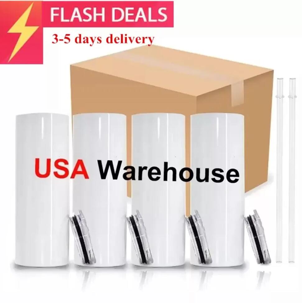 

US CA Local Warehouse 20oz Sublimation Straight Tumblers Blanks White Stainless Steel Vacuum Insulated Slim DIY 20 oz Cup Car Coffee Mugs White GJ0703