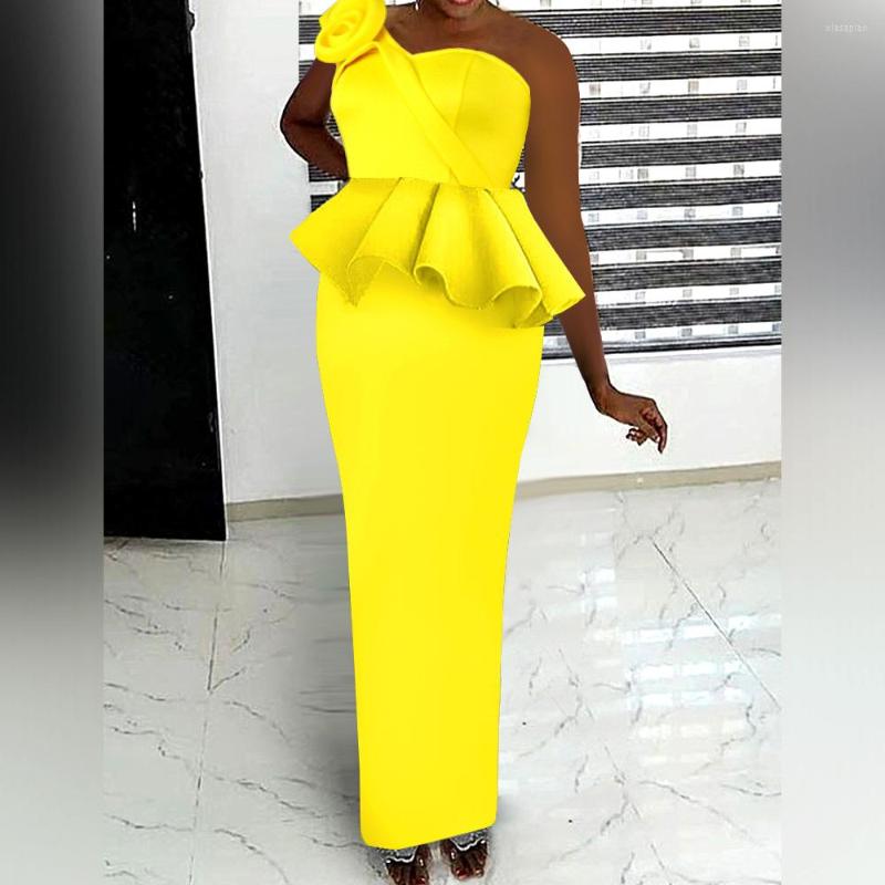 

Casual Dresses Ruffles One Shoulder Sexy Dress Fake Two Piece High Waist Falbala Peplum Slim Back Split Step Yellow Evening Party