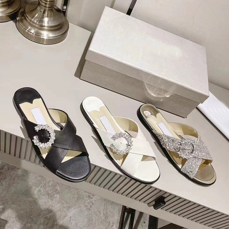 

Designer Slippers Luxury brand Sandals Women's beach outdoor shopping fashion slippers Crystal buckle sparkling design party casual shoes Flat slippers, Box