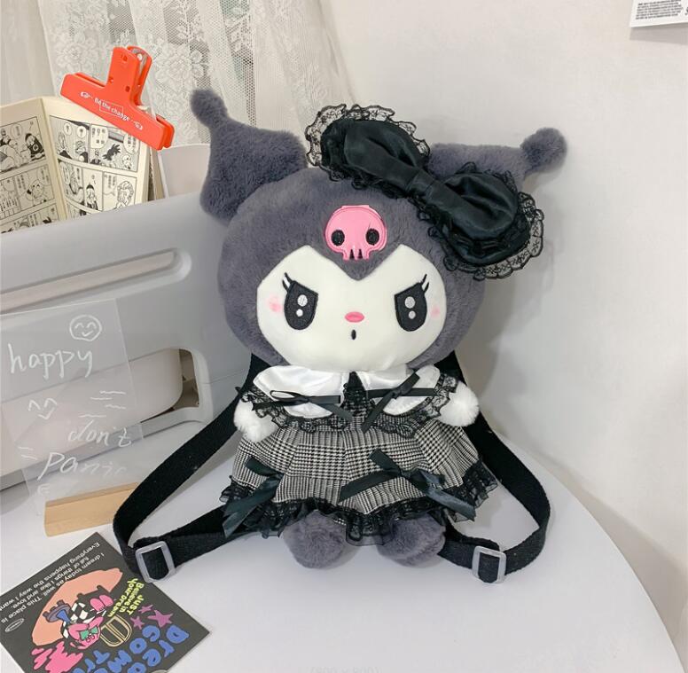 

New Kawaii Black Kuromi Plush Backpack Soft Plush Zipper Double Shoulder Bag Kids School Bag Girl Birthday Gift, Pink