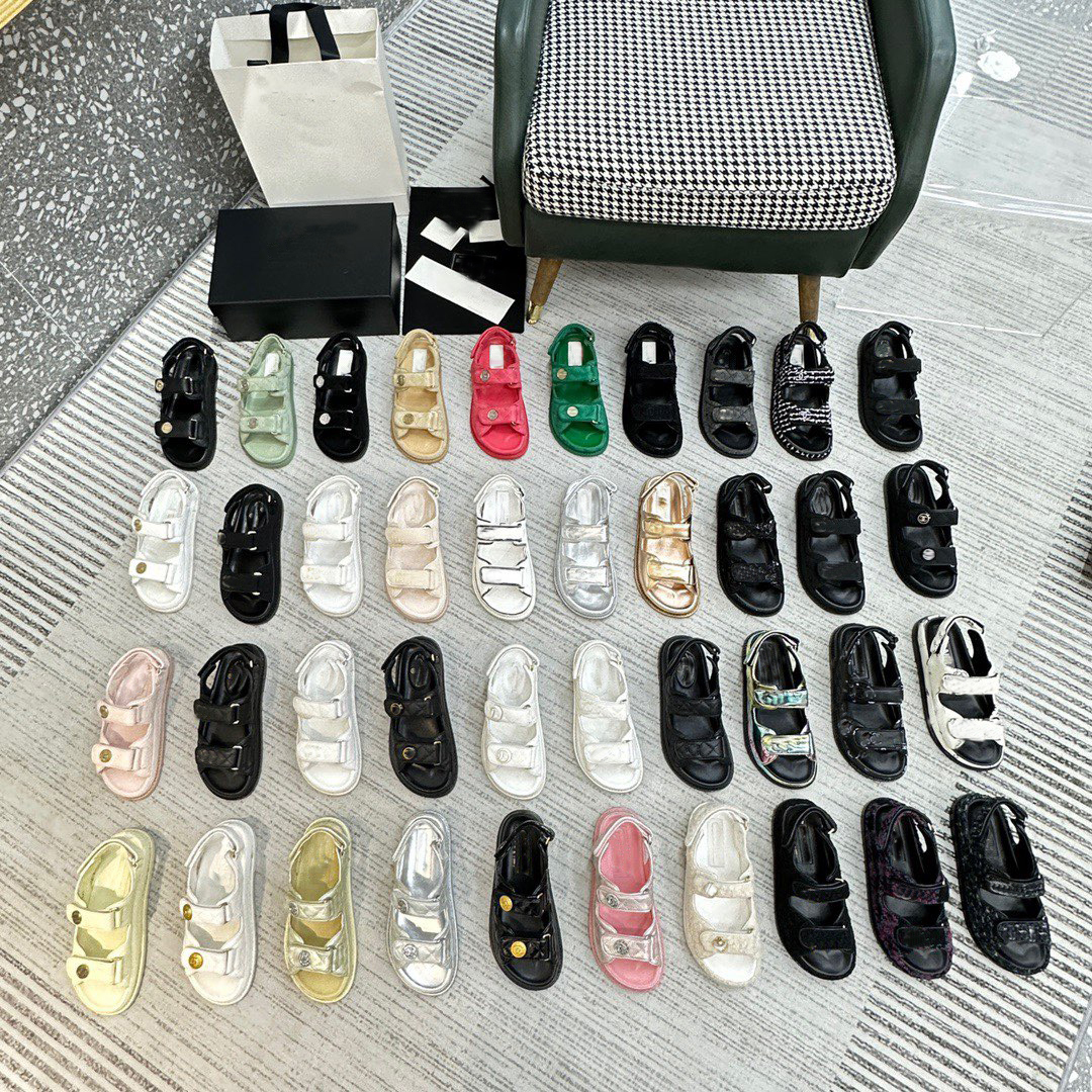 

Designer Shoes Women Act Flat Sandal Black White Lambskin HOOK & LOOP Sandals Gold Metal Letter Rubber Sole Shoe Two Adjustable Straps, 21