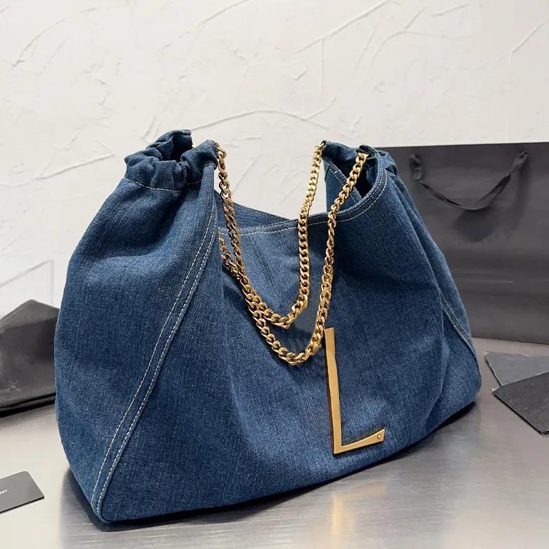 

Oversize Canvas Shopping Totes Woman Chain Lage Capacity Handbags Beach Denim Shoulder Bag Gold Letter Crossbody, Blue