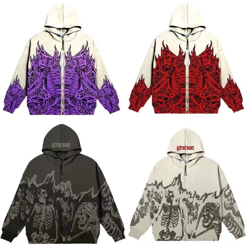 

hellstar Style Demon Print Men's streetwear Retro Skull hoodie Zipper Hoodie Sweatshirt Gothic Top streetwear Oversized Size SMLXL2XL3XL4XL5XL, 01