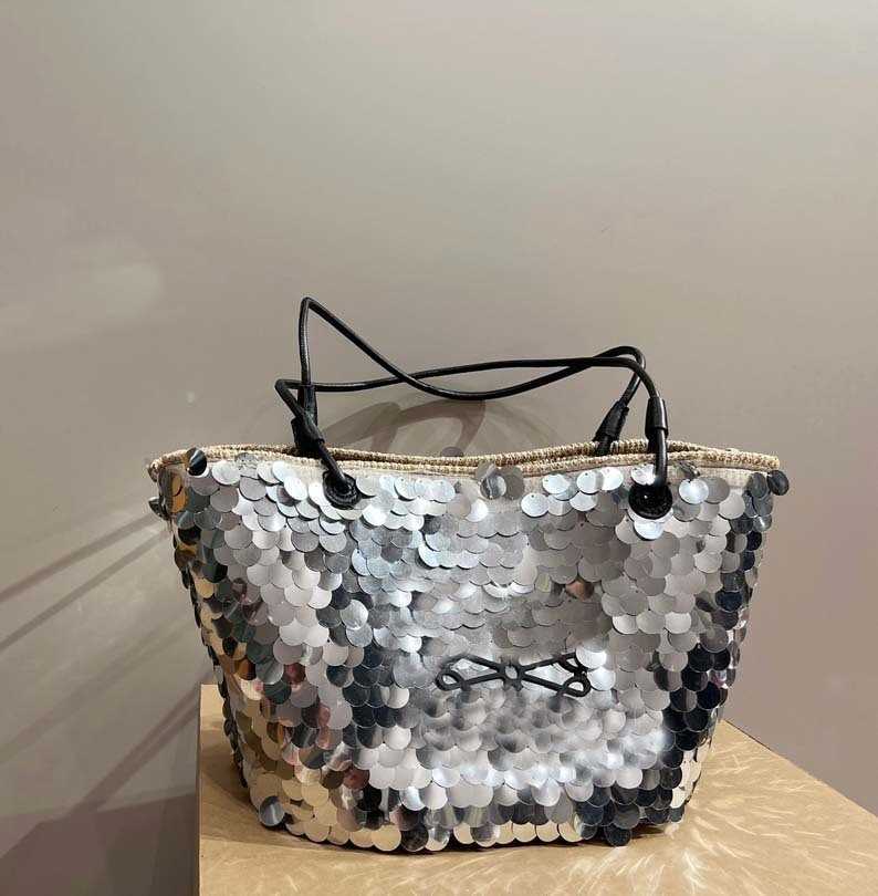 

Straw Tot Bag Sequins Glitter Vegetable Basket Large Capacity Luxury Brand Handbag Beach Shopping Bag Purses 230530, Split