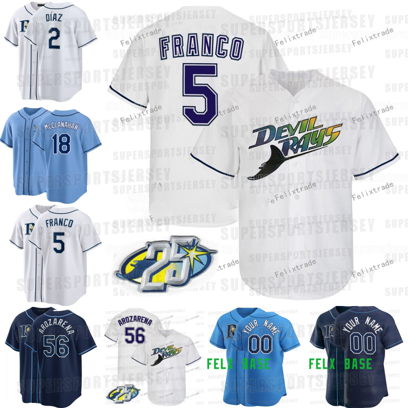 

Tampa Bay jersey 1998 Devils Rays Baseball Jerseys Zach Eflin Manuel Margot Yandy Diaz Tyler Glasnow Bran don Lowe Randy Arozarena Wander Franco 100% Stitched, Mens felx base+25th patch
