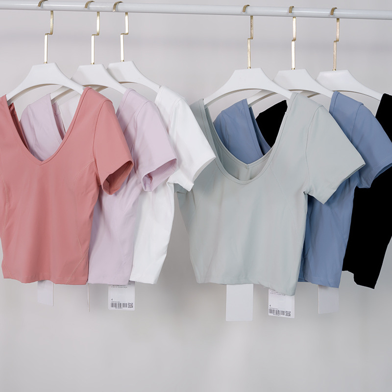 

LL Women's Yoga Sports Short Sleeve Sexy Tight Crop Top T-shirt V neck U Back Beauty Back Fitness, Have lu logo