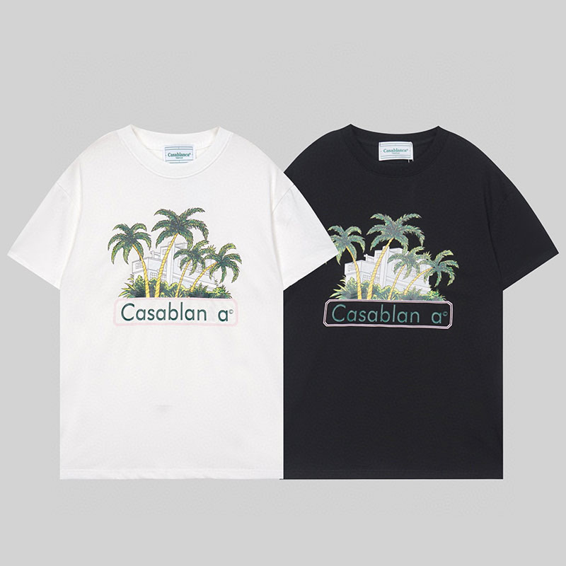 

23SS Summer Tropical Style Coconut Forest Print T-Shirt for Mens Vacation Beach Casablanc Designer Summer Men Fashion Leisure Loose Vacation Beach Short Sleeve Tee, Black
