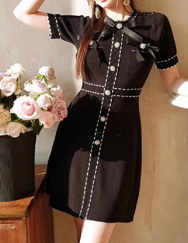 

designer dress women dress slim bow decorated flower square collar decorated flower knit dress