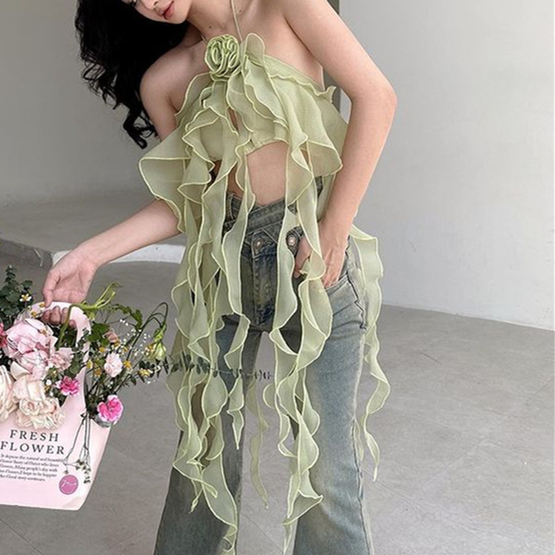 

Women's T Shirts Design Sense Flower Suspender Hanging Neck Small Vest Female 2023 Summer New Sweet Spicy Wind Short Style Sleeveless Top, Yellow