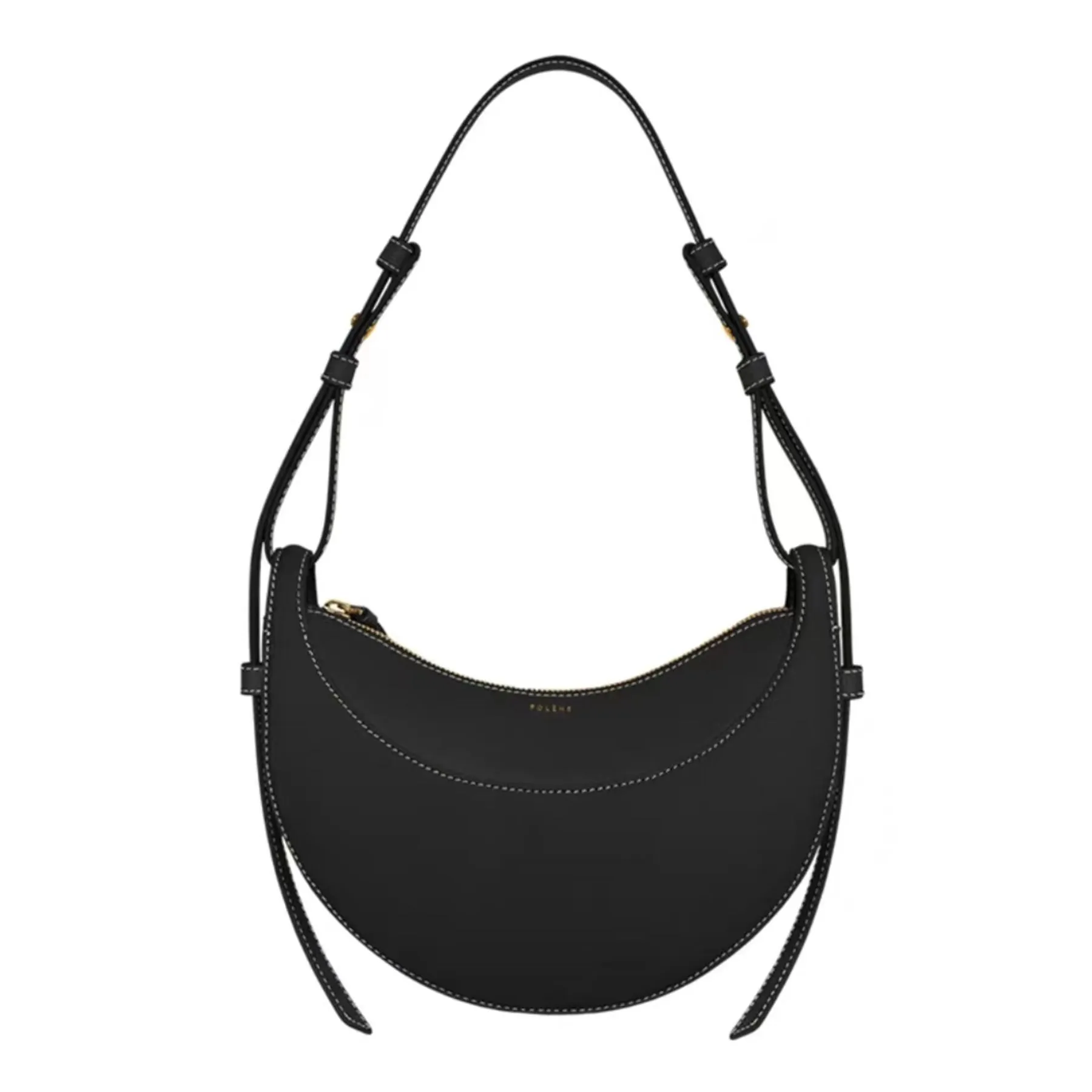 

A Numero Half-Moon bag NEW Polene Full-Grain Textured/Smooth Calf Leather Tote Designer Zip Closure Crossbody Women Hobo Handbags Shoulder Bags Purse, Black textured / small