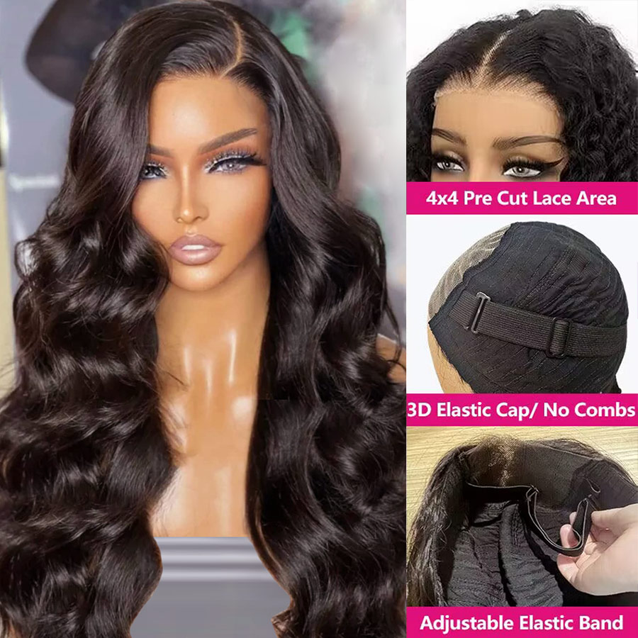 

Glueless Preplucked Human Hair Wigs Ready To Go Body Wave Transparent Easy Wear And Go 4x4 Pre-Cut Lace Wigs For Black Women, Natural color