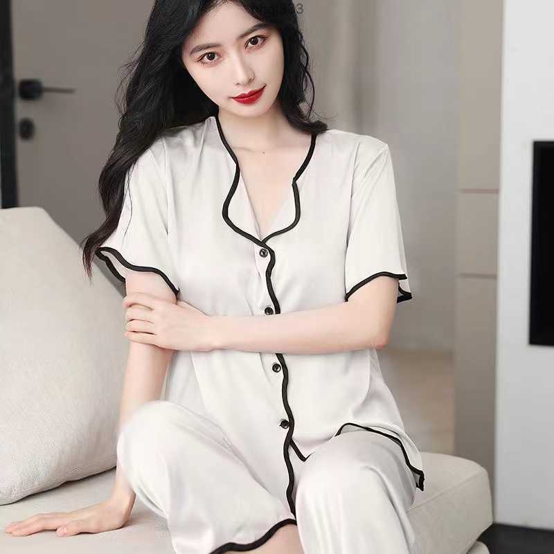 

Erjc Mji2 B938 Women's Two Piece Pants Women's Pajamas Sets Woman Pajama Party Summer v Neck Design Suit Long Sleeve Trousers Set Home Clothes Sexy Satin Silk Pijamas