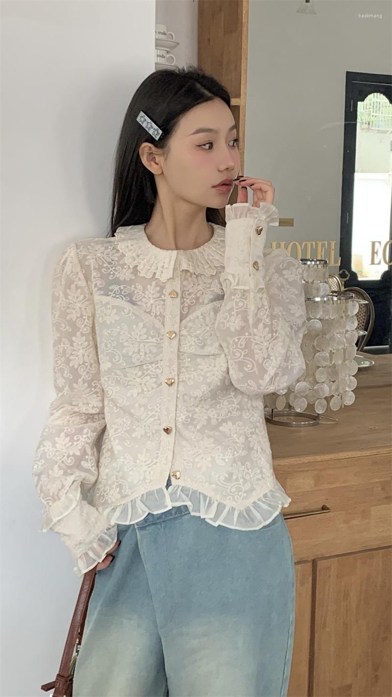 

Women's T Shirts GBB2358 Doll Neck Design Feeling Long-sleeved Lace Shirt Spring 2023 French Heavy Industry With Thin Sunscreen Top, Auburn