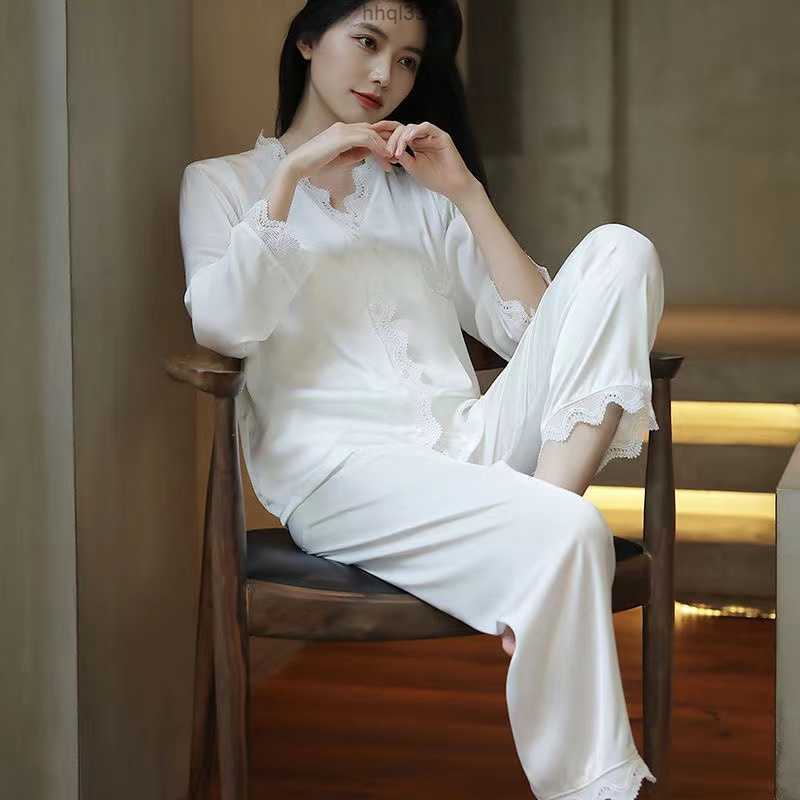 

Xqpp Mji2 B938 Women's Two Piece Pants Women's Pajamas Sets Woman Pajama Party Summer v Neck Design Suit Long Sleeve Trousers Set Home Clothes Sexy Satin Silk Pijamas, 11