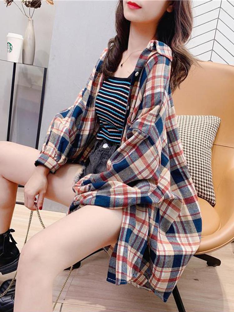 

Women's Blouses JMPRS Loose Korean Women Shirts Fashion Plaid Long Sleeve Student Button Up Spring Pocket Casual Red Ladies Tops, Coffee