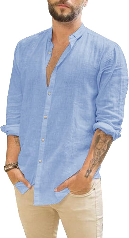 

Mens Linen Button Down Shirt Long Sleeve Casual Cotton Hippie Summer Beach Wedding Shirts, Black
