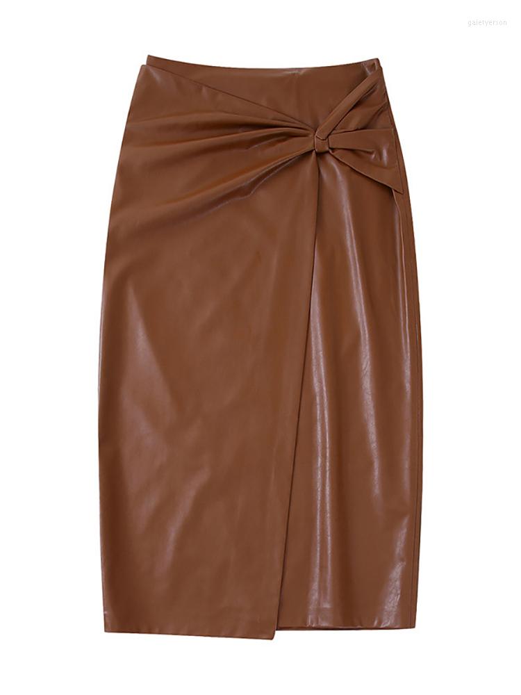 

Skirts Fitshinling PU Faux Leather Midi For Women Clothing 2023 In Fashion Streetwear Slim Split Skirt Female Elegant Saias, Brown