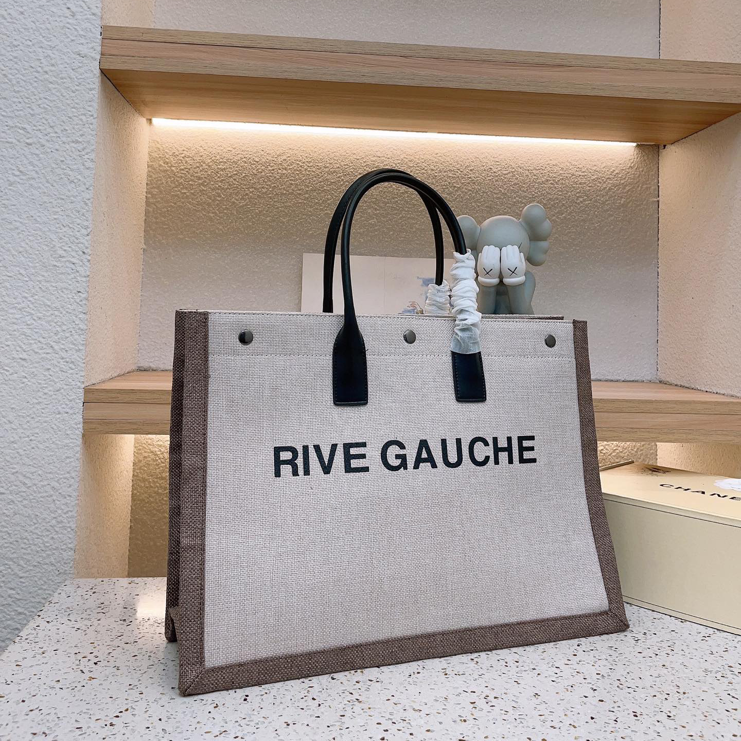 

trend Women handbag Rive Gauche Tote shopping bag handbags top linen and leather Large Beach bags Designer travel Crossbody Shoulder satchel canvas, Horizontal section 48cm