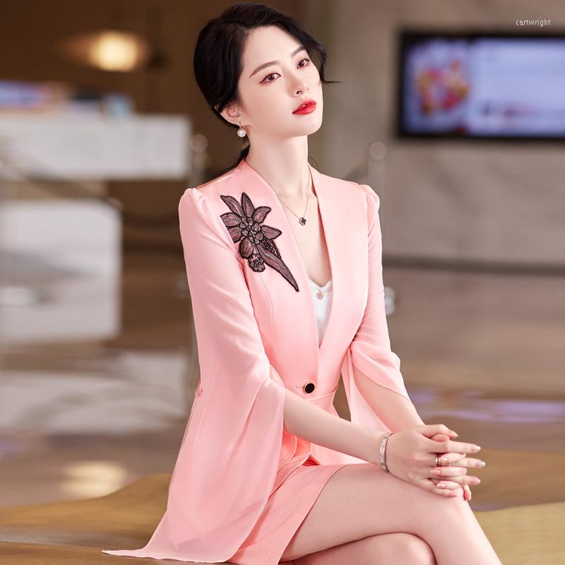 

Two Piece Dress Korean Spring Large Size Office Women Business White-Collar Formal Professional Work Clothes Light Blue Suit Skirt, Pink coat pants
