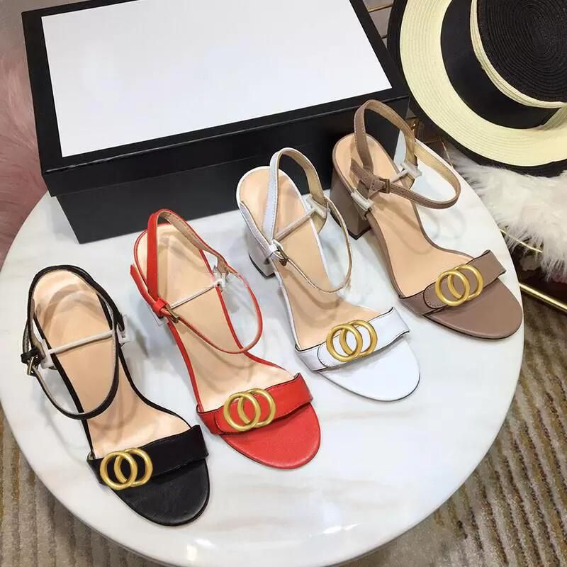 

Classic High heeled sandals party fashion leather women SHoes Dance designer sexy heels Suede Lady Metal Belt buckle Thick Heel Woman shoes Large size 35-41-42 with box, Black cow leather