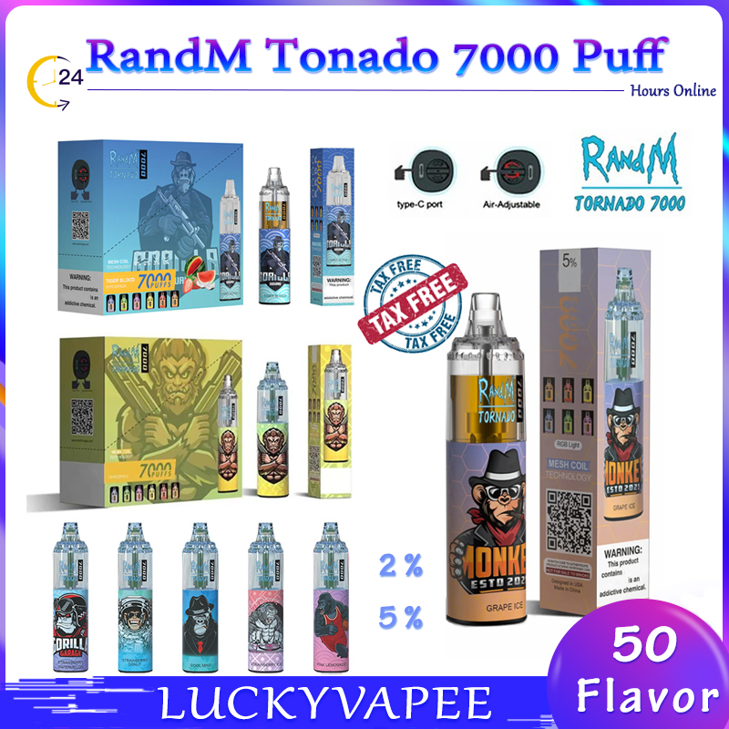 

Original RandM Tornado 7000 Puffs Disposable Vape Pen Electronic Cigarettes 14ml Pod Mesh Coil 6 Glowing Colors Rechargeable Air-adjustable 2% 5% Device Vaporizer 7K