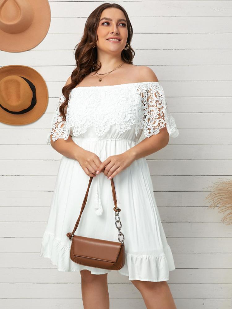 

Plus Size Dresses Dress Woman 2023 Fashion Lace Slash Neck Short Sleeve Casual Midi White Black Off Shoulder Chic Party