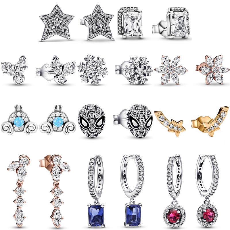 

925 Sterling Silver Earrings Snowflake Rectangular Halo Mask Plant Cluster Asymmetric Star Pandora Women's Gift Jewelry Free Delivery