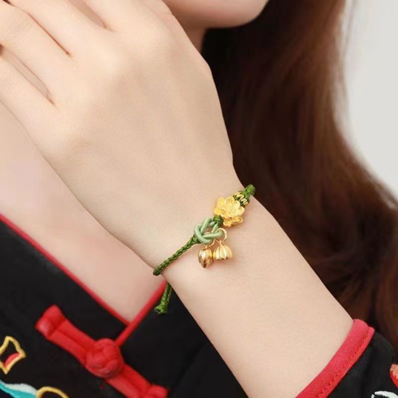 

Two Lives of Joy, Golden Lotus, Lotus Pedunum, Transfer Bead Bracelet, Female Handwoven Bracelet, Pure Gold Valentine's Day