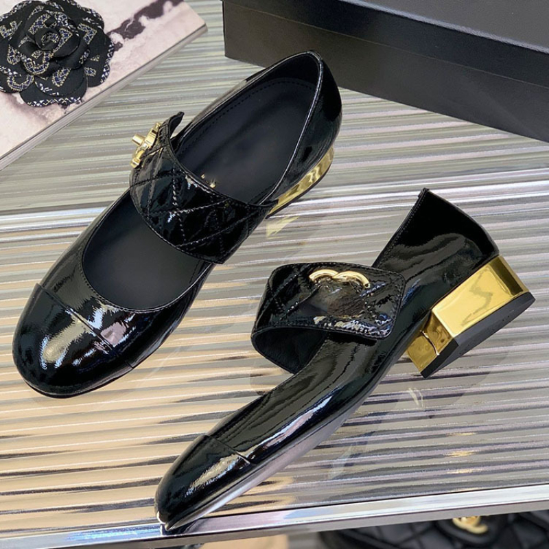 Luxury Patent Leather Lingge Brand Dress Shoes for Women Round Toes Square Heels-image-871991872