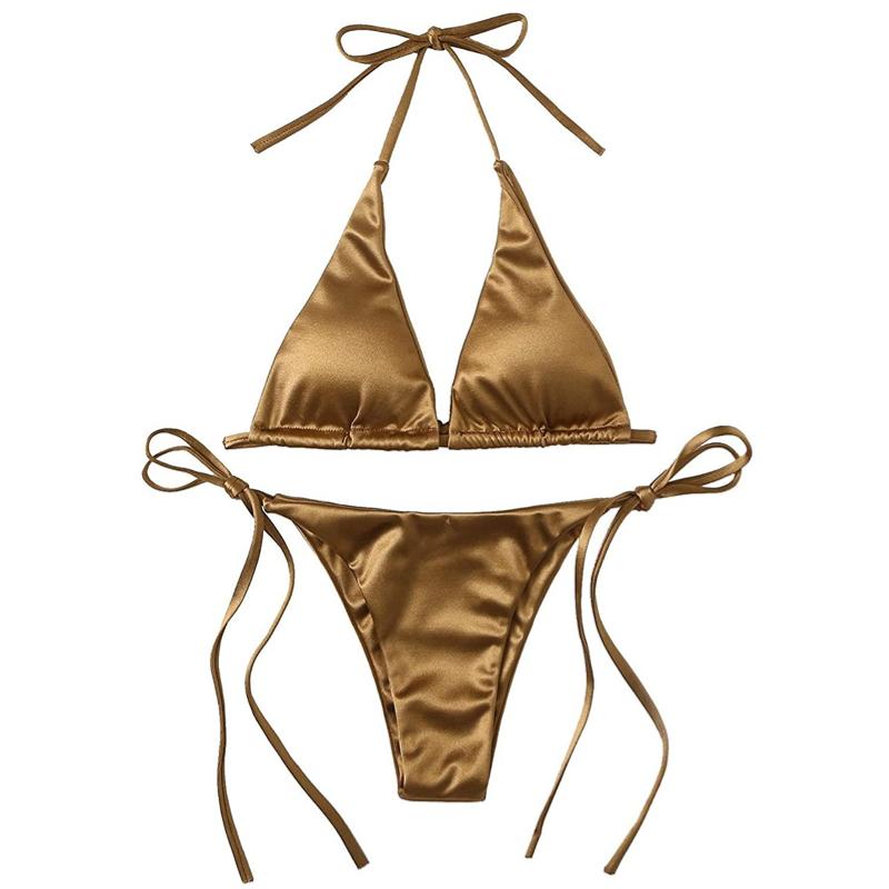 

Swimwear Sexy Women's Metallic Halter Top Two Piece Swimsuit Tie Side Triangle Bikini Summer Solid Bathing Suit Beachwear Bikini Set, Beige
