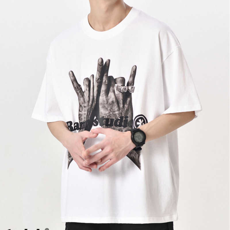 

2023 new trend hip-hop rock personality print round neck T-shirt men's summer cityboy high street loose short-sleeved top, Multi