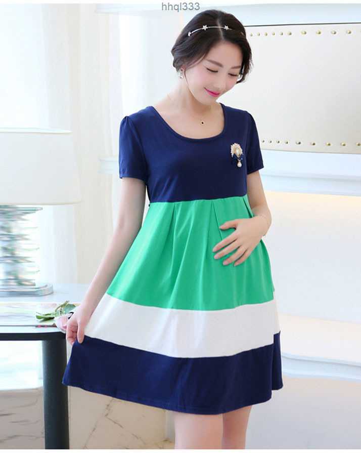

W7gw Wrhq Summer Maternity Clothing for Pregnant Women Clothes Fashion Loose One-piece Dresses Short Sleeve Top Maternity Dress Wear Lj201123, Navy green