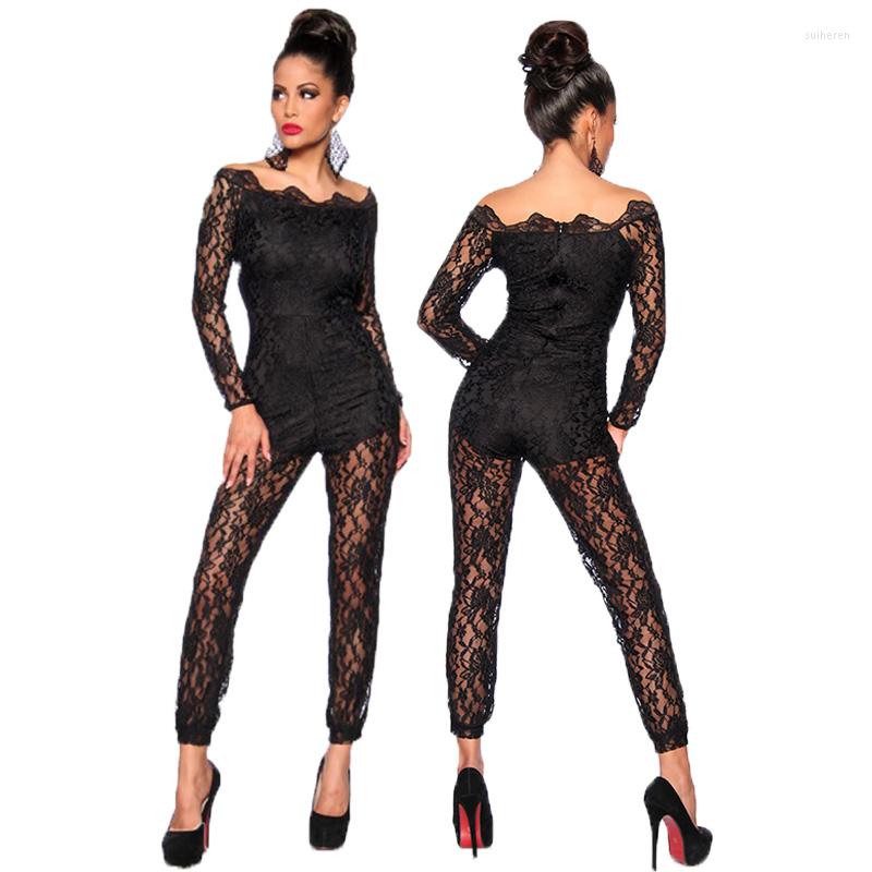 

Women' Jumpsuits Women Lace Floral Black Long Sleeve Jumpsuit Romper Clubwear Sexy Off Shoulder Slash Neck Playsuit Bodycon Party Trousers, Picture shown