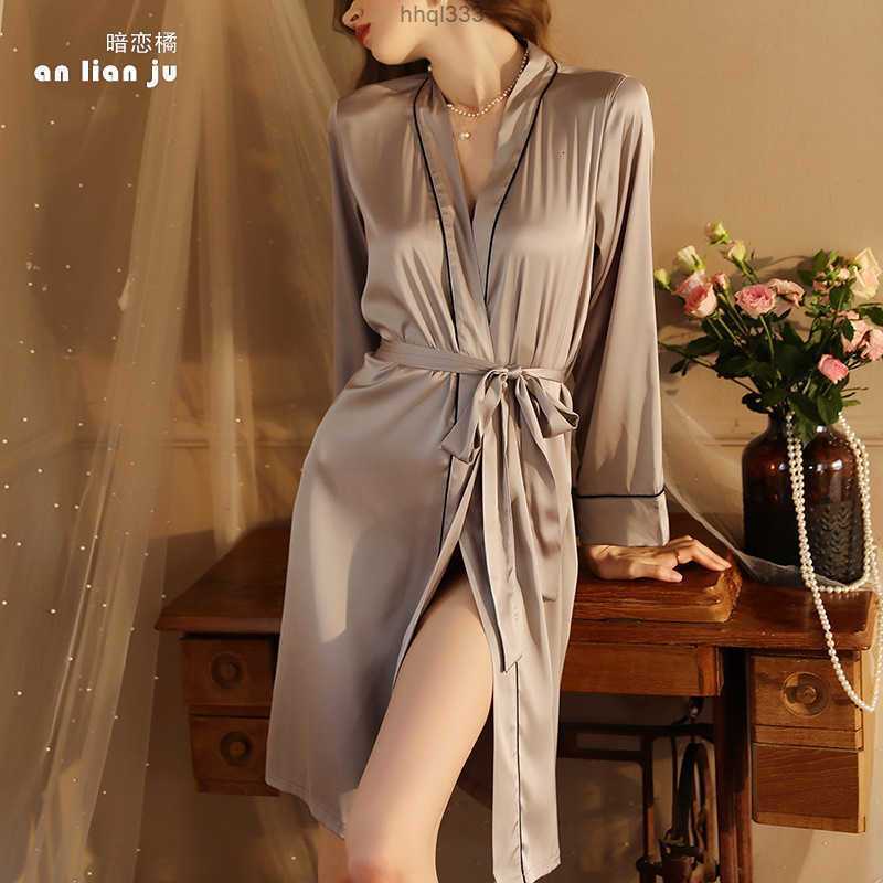 

Bfh5 Autumn and Winter Sexy Nightgown Long Light Luxurious Women' Bathrobe Satin Wedding Bridesmaid Morning Gown Bathrobe Cardigan Home Clothes, Grey robe + lace