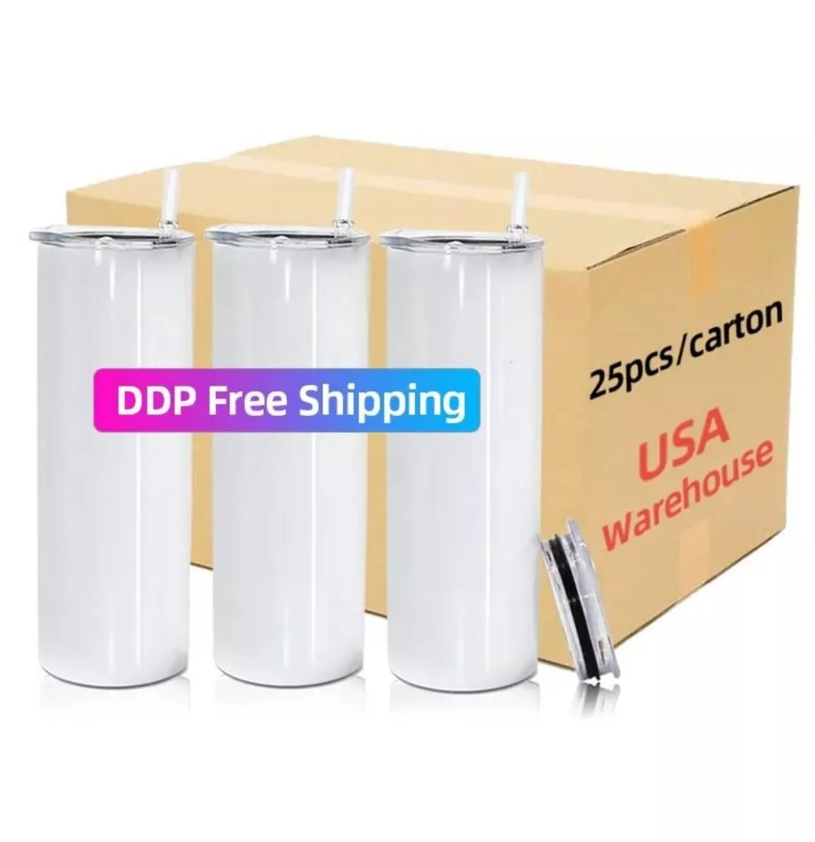 

USA CA Warehouse 20 oz Sublimation Blank Tumblers Straight Stainless Steel 20oz Mugs Insulated Drinking Cups With Plastic Straw, White